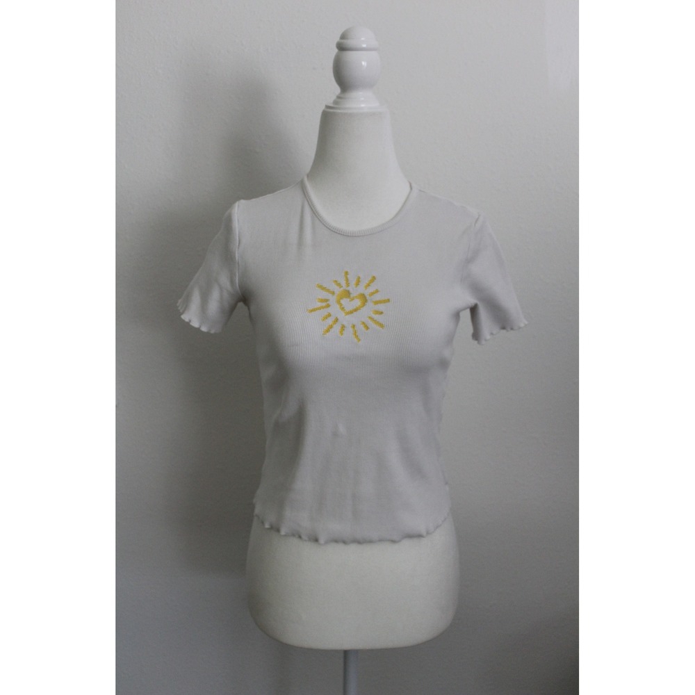 LC Waikiki White Ribbed Baby Tee Sun Heart Graphic Lettuce Hem Girls 12 Womens S